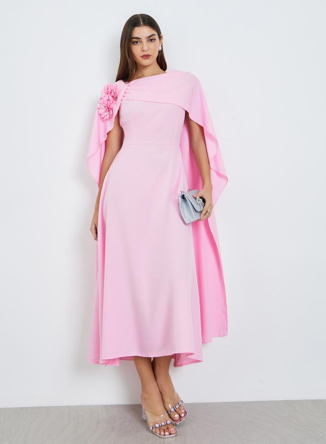 Styli Women Pink Floral Detail Cape Detail Midi Dress - Image 1
